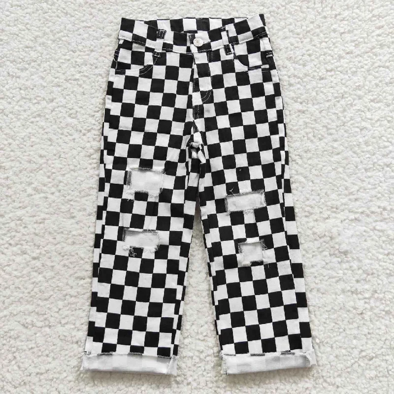 Maxi Skirt Jeans for Elegant -girls Black and white plaid denim jeans P0122