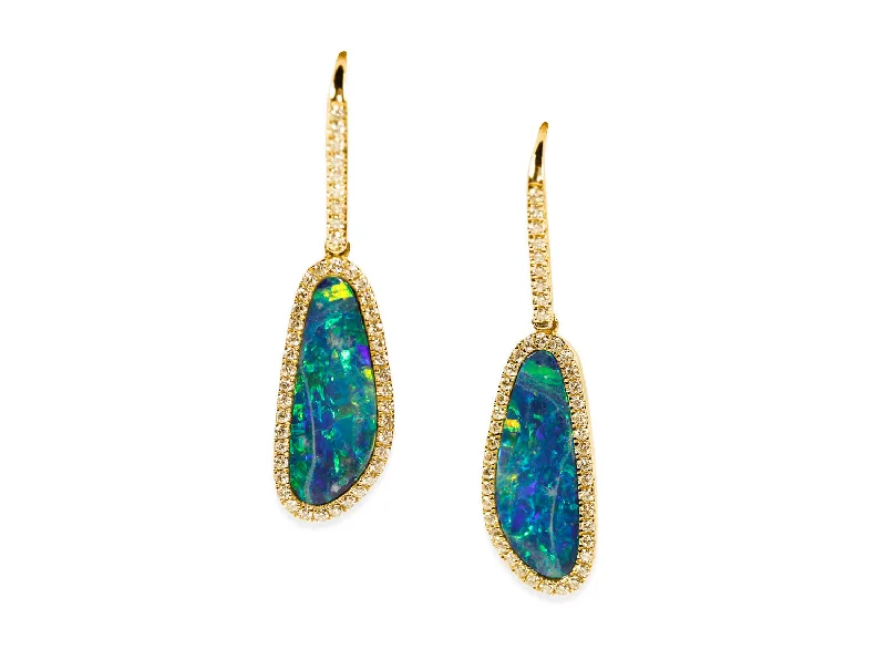 Drop Earrings with Chevron Designs -Australian Opal Doublet and Diamond Drop Earrings