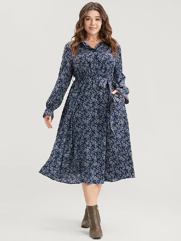 Plus size dresses with vibrant shades feel fun -Plus size dresses with lace-up details for a trendy vibe -Ditsy Floral Pocket Belted Shirt Collar Dress