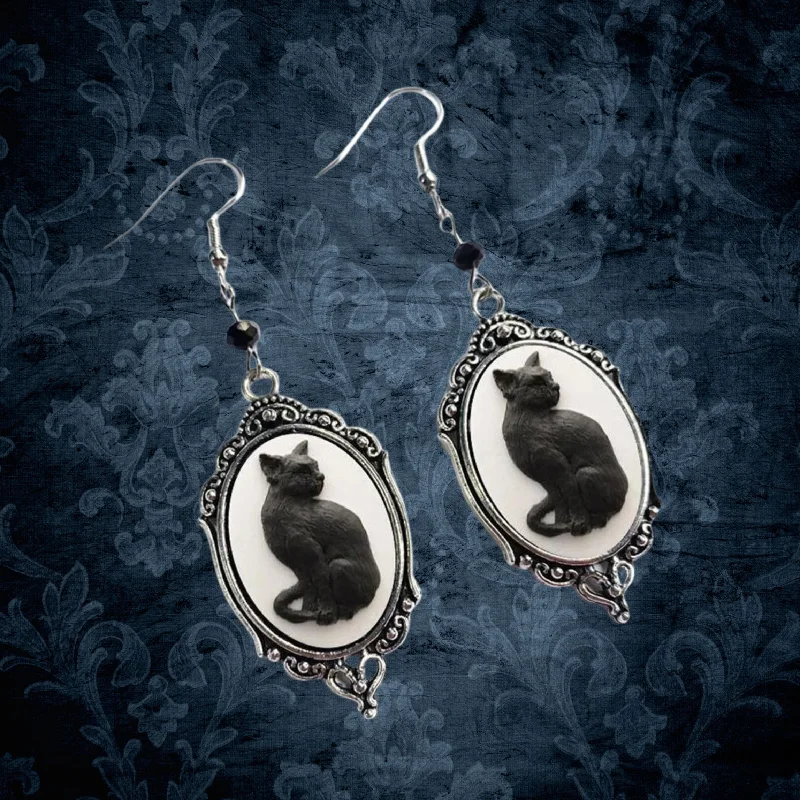 Drop Earrings for Formal Attire -Black Cat Gothic Cameo Earrings