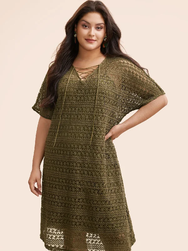 Plus size dresses with sleek necks stay elegant -Bohemian plus size dresses for relaxed style -Crocheted Lace Up Dolman Sleeve Tiered Dress