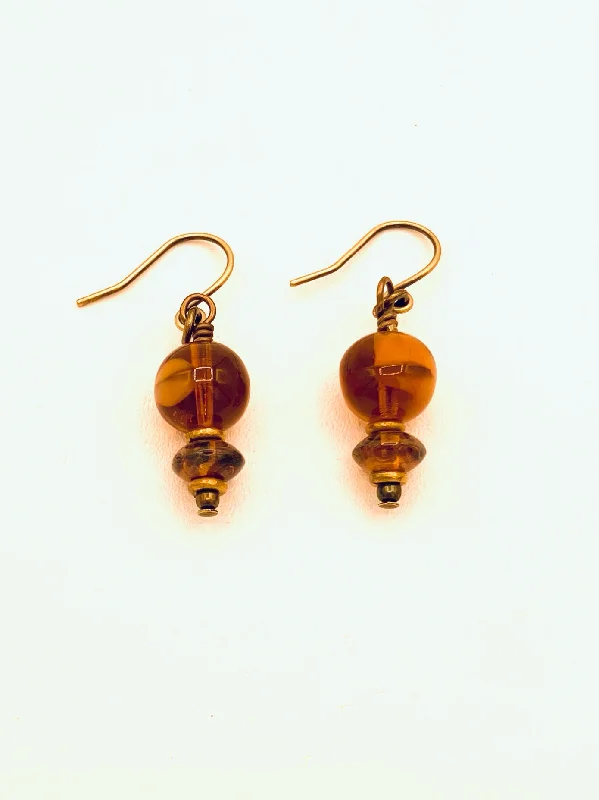 Contemporary Drop Earrings for Fashion -Czech and German Glass Bead Earrings, Amber Color