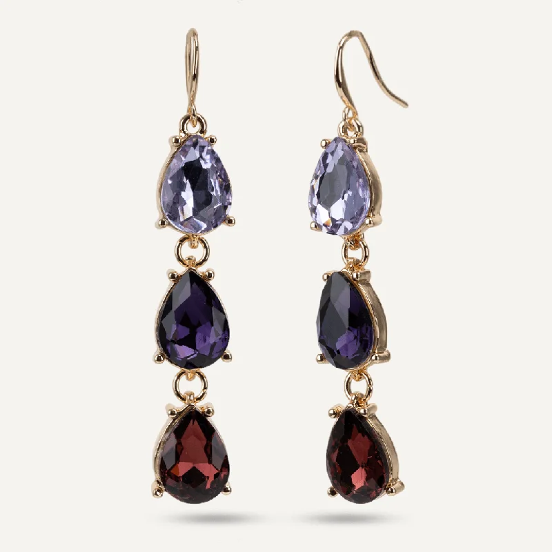 Bohemian Drop Earrings with Tassels -Iris Amethyst Purple Jewel & Crystal Hook Earrings In Gold-Tone