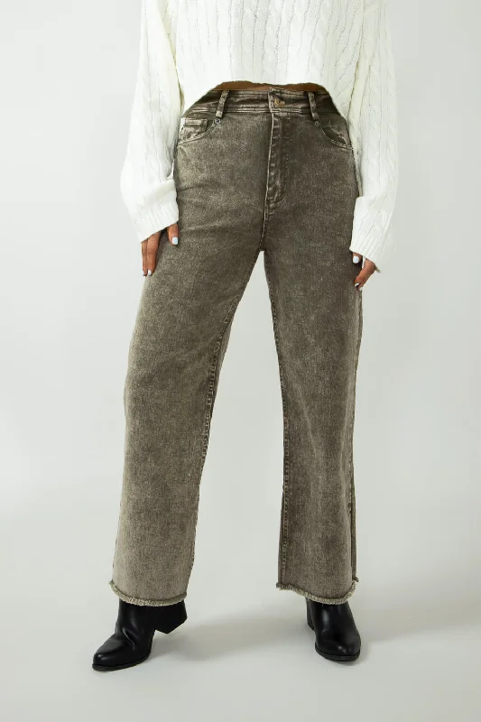 Graduation Jeans for Milestone -Washed Frayed Wide Leg Jeans for Women in Olive | NP70291-OLIVE