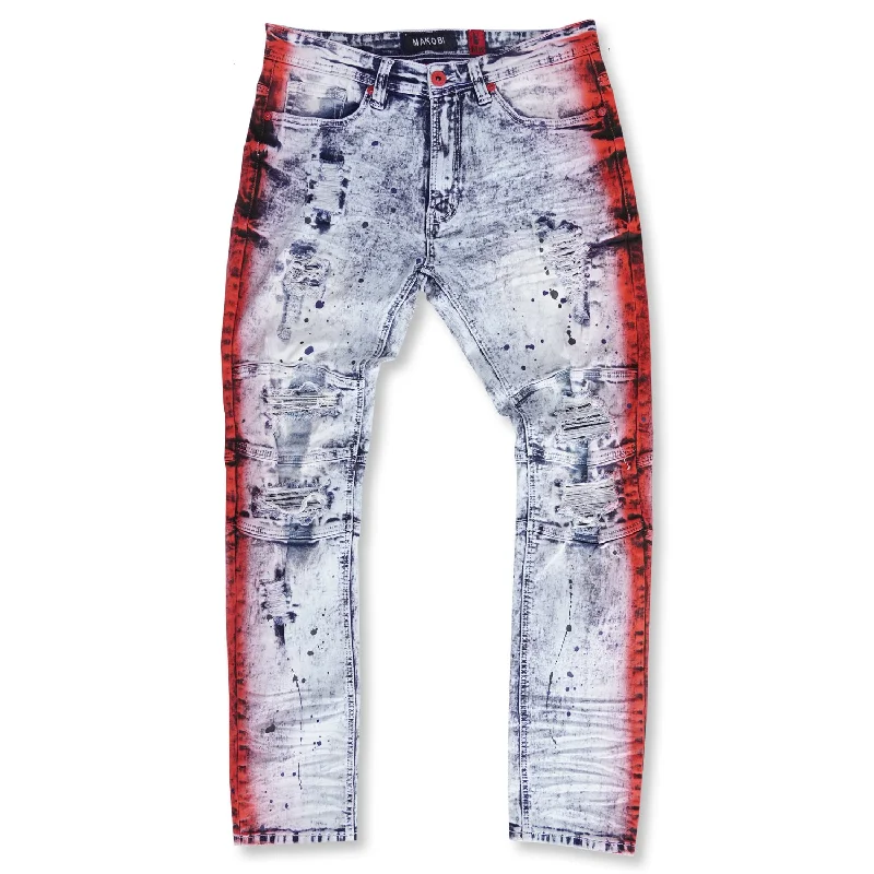 Decorated Back Pocket Jeans for Style -M1938 Paint Stroke Shredded Denim Jeans - Light Wash