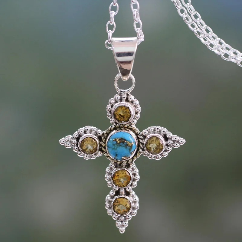 Stunning necklaces and pendants with jade gemstones for a calming green hue-Divine Harmony Artisan Crafted Citrine and Silver Cross Pendant Necklace