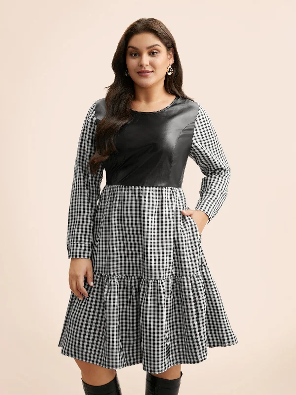 Plus size dresses featuring lace sleeves feel luxe -Plus size dresses with flattering fit and flare -Round Neck Gingham PU Leather Dress