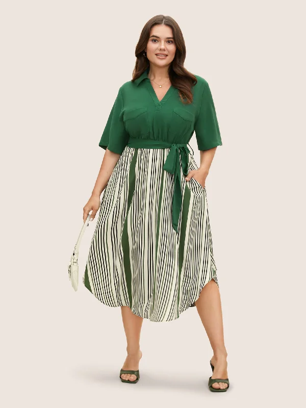 Plus size dresses featuring metallic hues shine soft -Plus size dresses for dinner parties -Striped Patchwork Belted Patched Pocket Dress