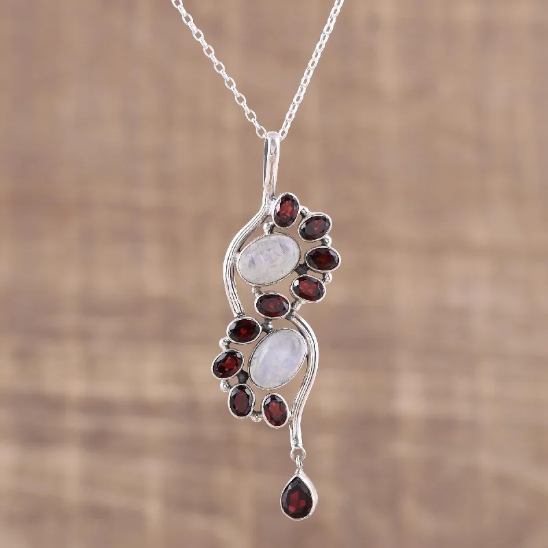 Best necklaces and pendants with butterfly pendants for a delicate, light style-Sparkling Spiral Garnet and Rainbow Moonstone Pendant Necklace from India