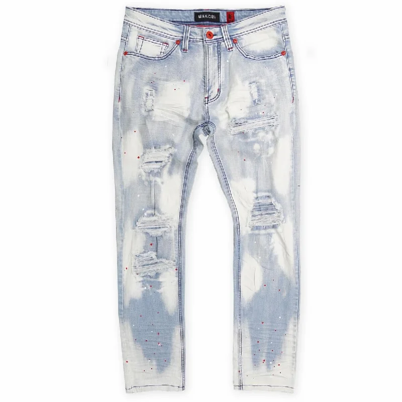 Side Pocket Jeans for Extra -M1725 Shredded Denim Jeans with Paint Splashes - Light Wash