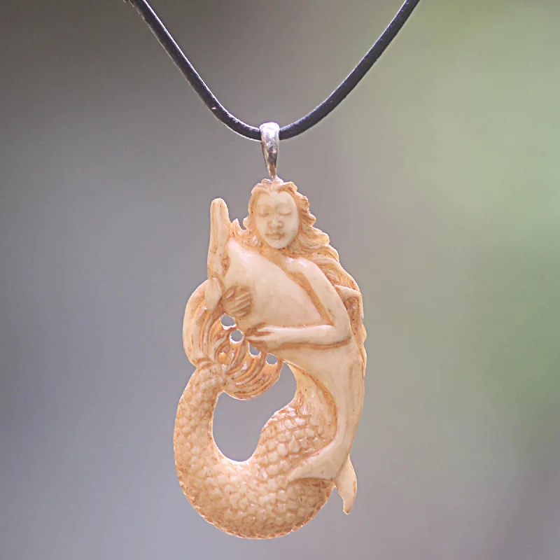 Trendy necklaces and pendants with geometric shapes for a modern aesthetic-Mermaid & Dolphin Hand-Carved Pendant Necklace