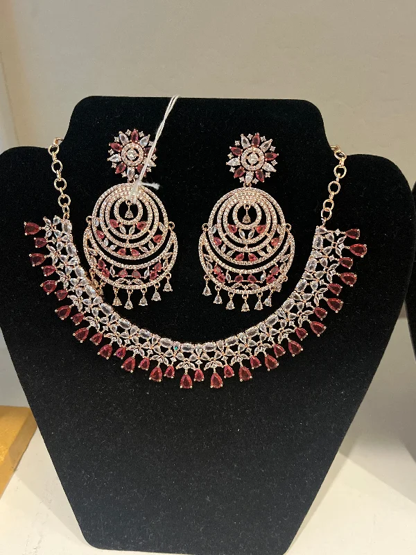 Beautiful necklaces and pendants with layered chains for a fashionable, chic look-Charming Red And White Color Stone Design AD Necklace Set With Tikkas For Women