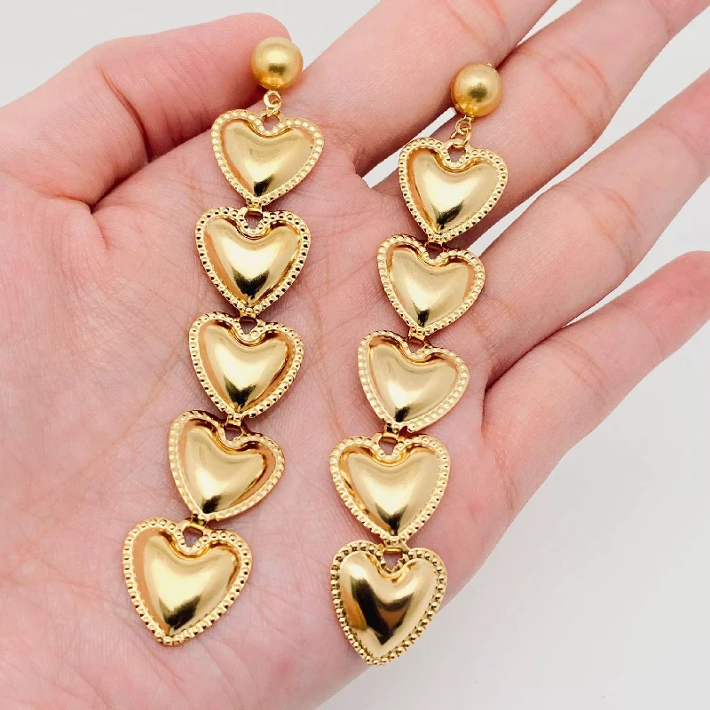 Drop Earrings with Wave Designs -5 Heart Charm Gold Plated Stainless Steel Earrings | Fashion Party Earrings