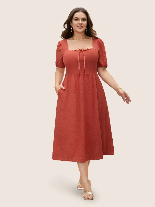 Chic plus size dresses for evenings drape perfectly -Plus size dresses with floral applique for a feminine look -Square Neck Woven Ribbon Patchwork Bowknot Dress