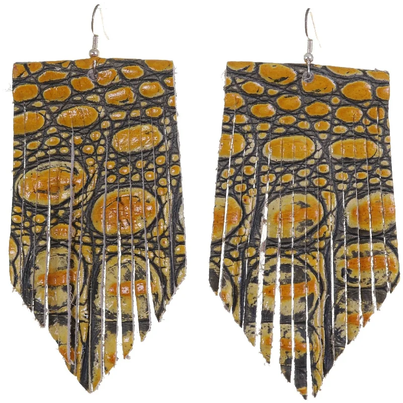 Drop Earrings with Keyhole Designs -VE49 - Vestige Canary Yellow Gator Print Leather V Fringe Earrings