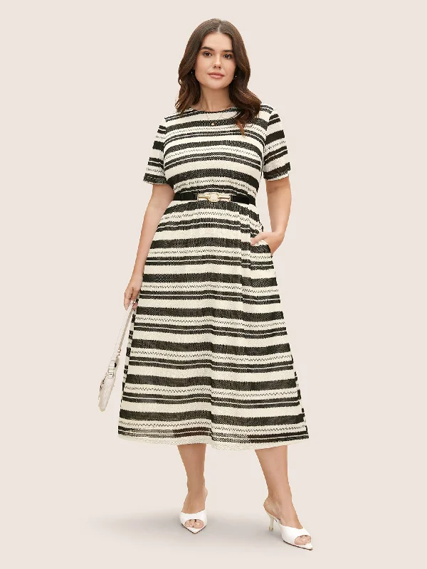 Plus size dresses with sturdy hems stay firm -Affordable plus size dresses for daily wear -Striped Texture Crew Neck Midi Knit Dress