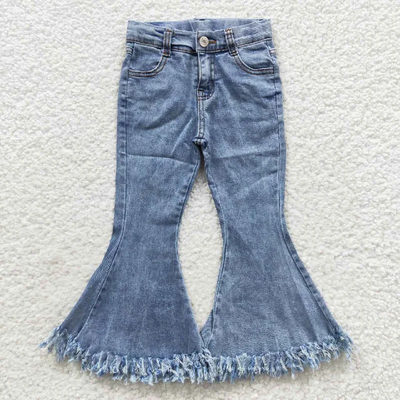 Jean Skirts for Feminine -Light blue kids girl flare fringe denim jeans P0132