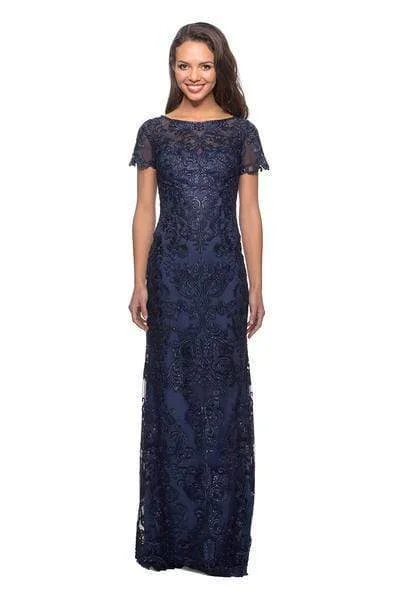 Plus size dresses featuring fringe accents feel bold -Plus size dresses for curvy body types -La Femme - 26405 Short Sleeve Jewel-Adorned Lace Sheath Gown