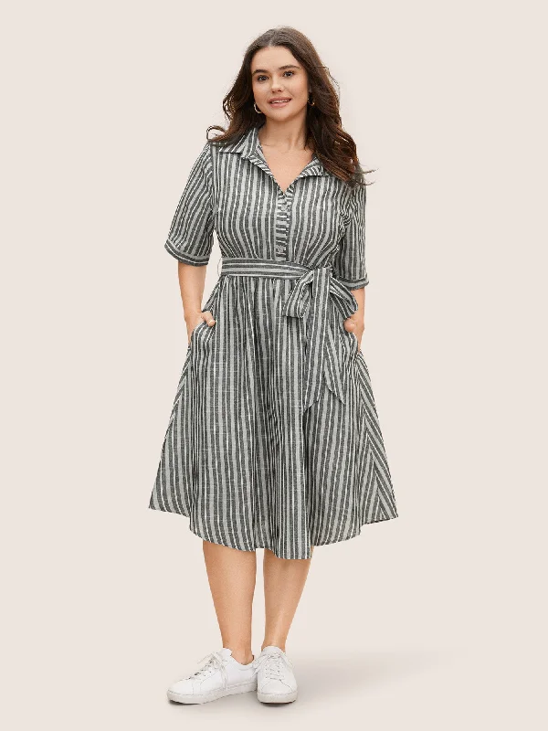 Plus size dresses for bold looks stand out -Dressy plus size dresses for family gatherings -Shirt Collar Striped Button Up Belted Dress