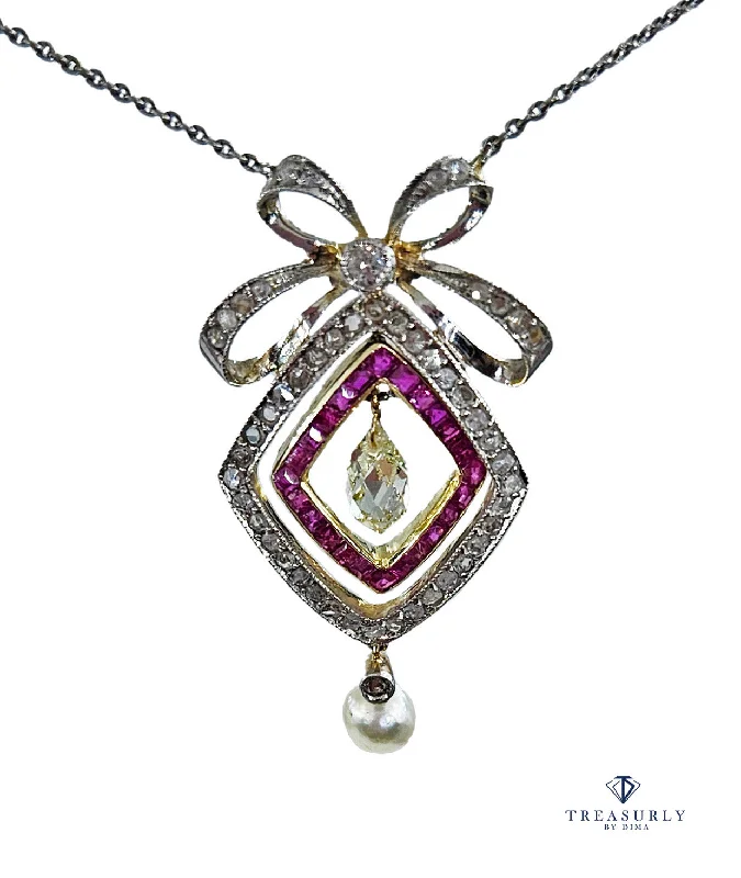 Elegant necklaces and pendants with infinity symbols for timeless designs-Fine GIA Natural Saltwater Pearl Ruby & Diamond Antique Edwardian Belle Époque Bow LAVALIÈRE Platinum Gold Necklace