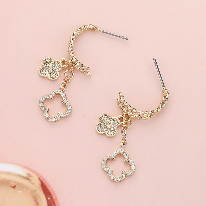 Drop Earrings with Hammered Finish -Quatrefoil Dangle Half Hoop Earrings | Gold or Silver