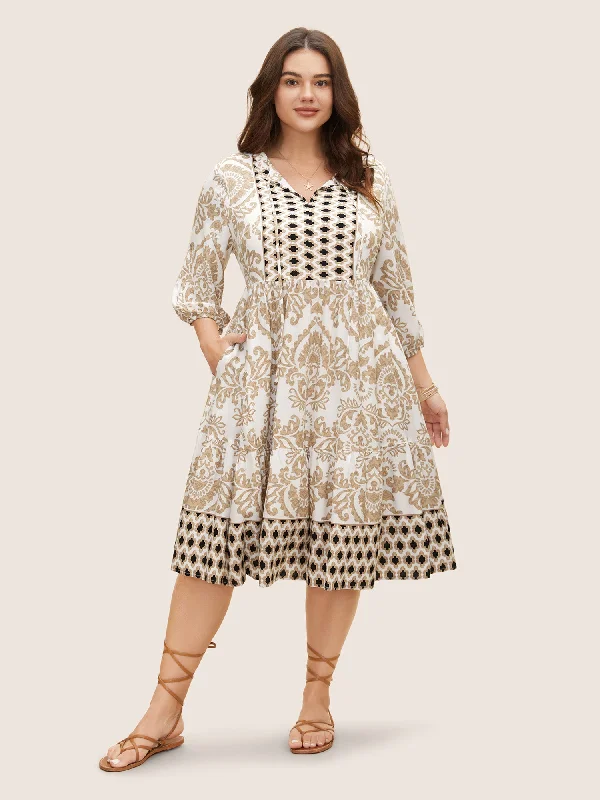 Plus size dresses featuring velvet textures feel plush -Affordable plus size dresses for everyday wear -Boho Print Tie Knot Lantern Sleeve Dress