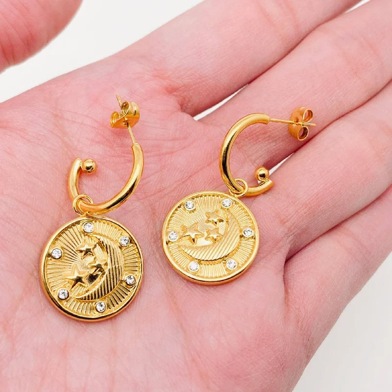 Drop Earrings for Shopping Trip -Embossed Design Star Moon Pendant Hoop Earrings | Celestial Theme Fashion Jewelry