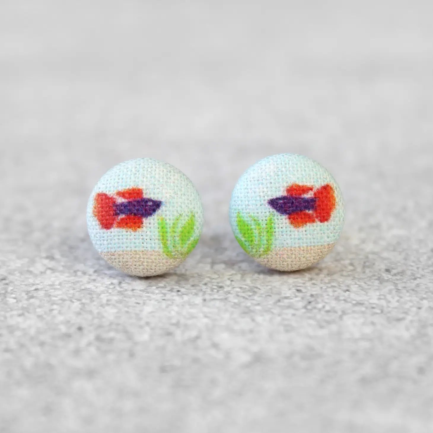 Minimalist Drop Earrings with Simplicity -Purple & Orange Beta Fish Fabric Button Earrings | Handmade in the US