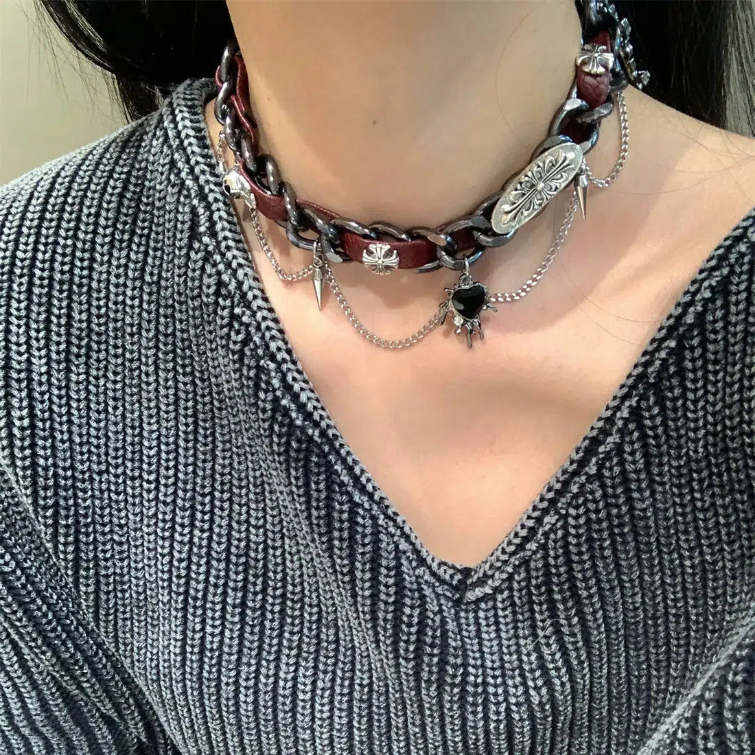 Beautiful necklaces and pendants with natural stones for an earthy, organic vibe-Metal Leather Punk Choker Necklace