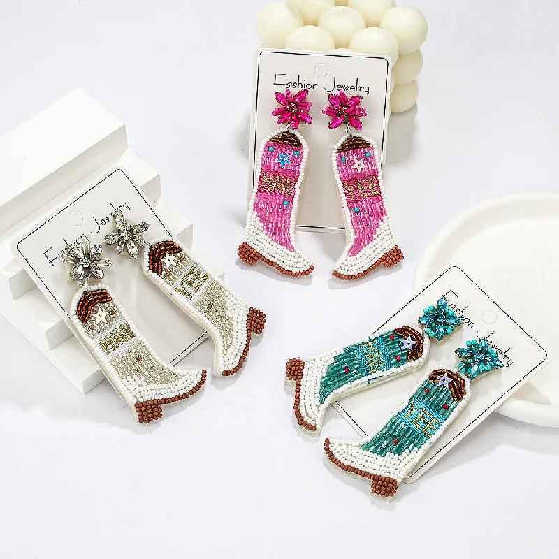 Drop Earrings for Festival Style -Wholesale Western Cowboy Style Boots Rice Bead Earrings