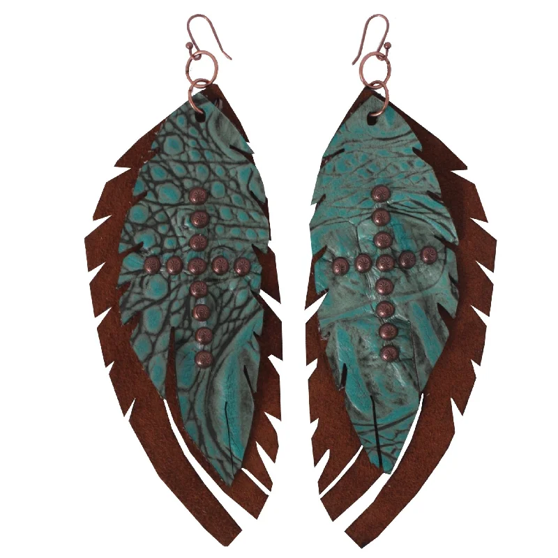 Retro Drop Earrings for Nostalgia -J37 - Toast Suede and Turquoise Feather Earrings