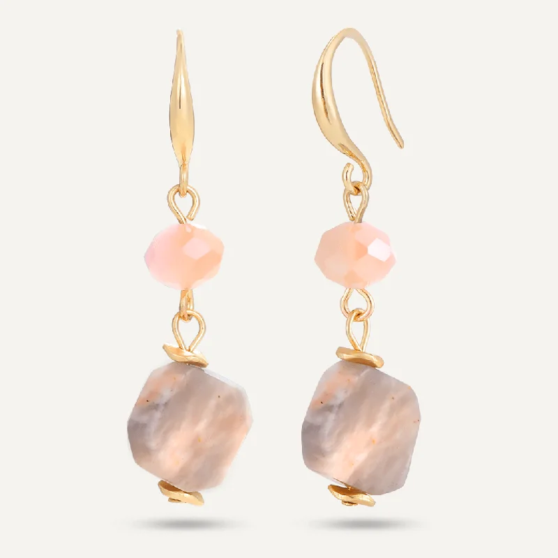 Drop Earrings for Prom Night -Pink Semi-Precious Stone Hook Earrings In Gold-Tone