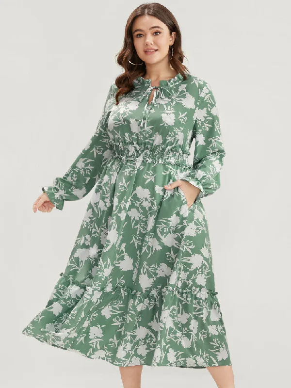 Plus size dresses with sleek designs suit all -Formal plus size dresses for evening parties -Floral Lantern Sleeve Shirred Pocket Tie Neck Ruffle Dress