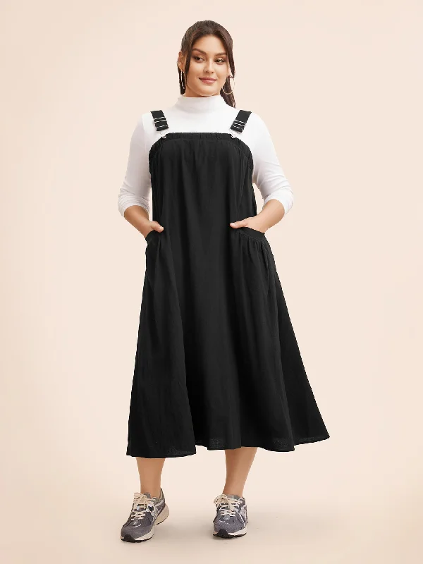 Plus size dresses with midi lengths balance well -Plus size dresses with ruching for slimming effect -Solid Gathered Adjustable Straps Overall Dress