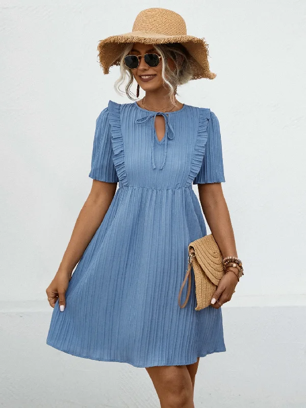 Plus size dresses with fit-and-flare shapes flatter -Comfortable plus size dresses for travel -Tie Neck Short Sleeve Mini Dress