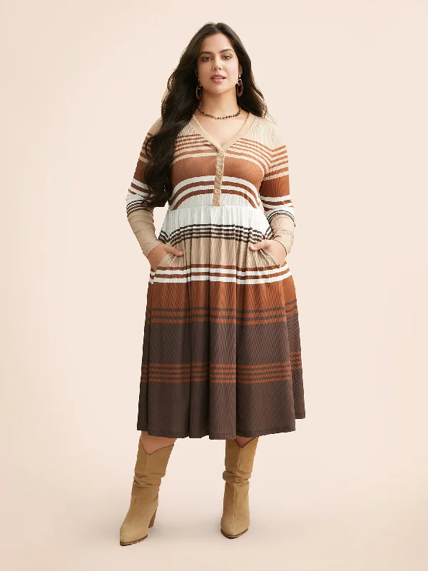 Plus size dresses with unique necklines add flair -Plus size dresses with A-line cut for comfort -Contrast Striped V Neck Midi Dress