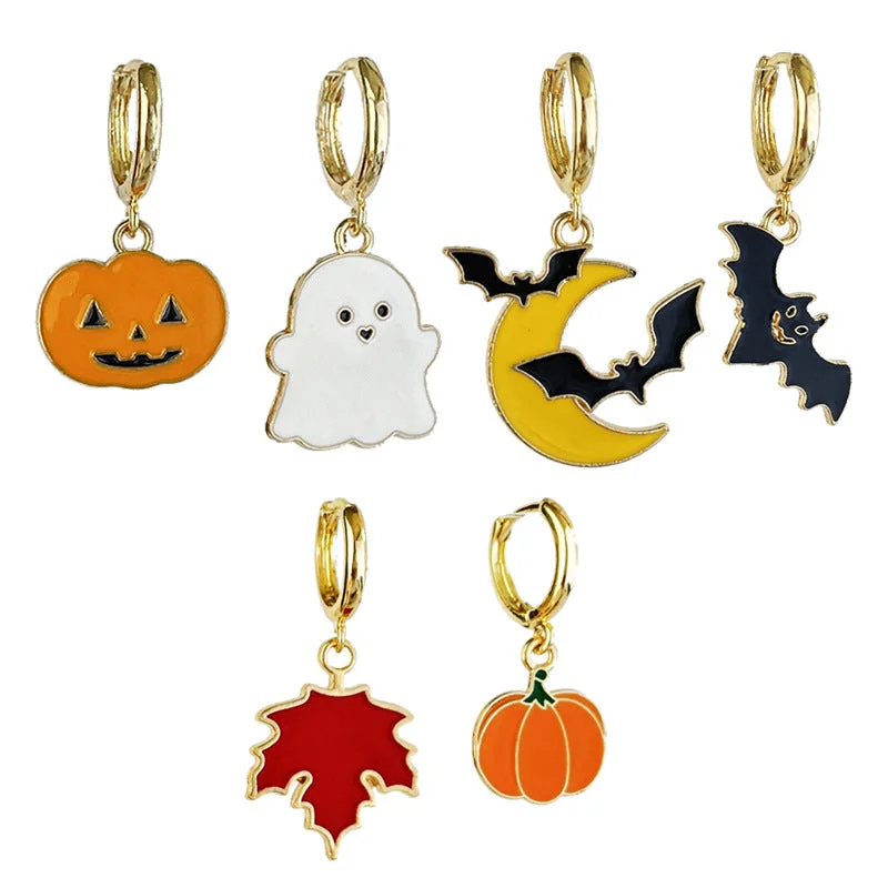 Retro Drop Earrings for Nostalgia -Wholesale 2 Pairs/pack Halloween Ghost Bat Pumpkin Maple Leaf Metal Earrings