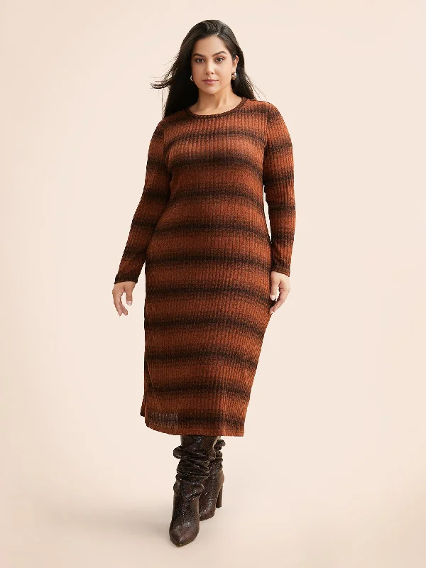 Plus size dresses with flexible fits adapt easily -Plus size dresses with a bow tie for a cute touch -Ombre Striped Rib Knit Slim Fit Dress