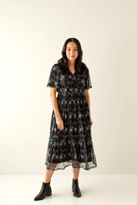 Plus size dresses with bold stripes add flair -Plus size dresses for a day at the beach -'Roberta' Surplice Printed Mesh Midi Dress in Black