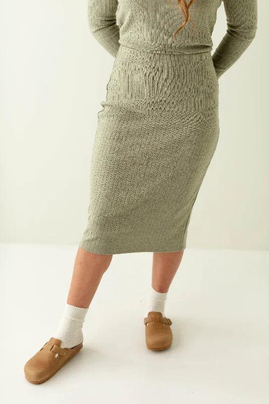 Plus size dresses featuring fuzzy accents are warm -Plus size dresses for plus size bridesmaids -'Sasha' Ribbed Knit Midi Skirt in Soft Sage