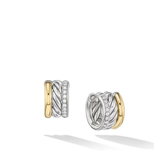 Drop Earrings for Engagement Party -DY Mercer Huggie Hoop Earrings in Sterling Silver with 18K Yellow Gold and Pavé Diamonds