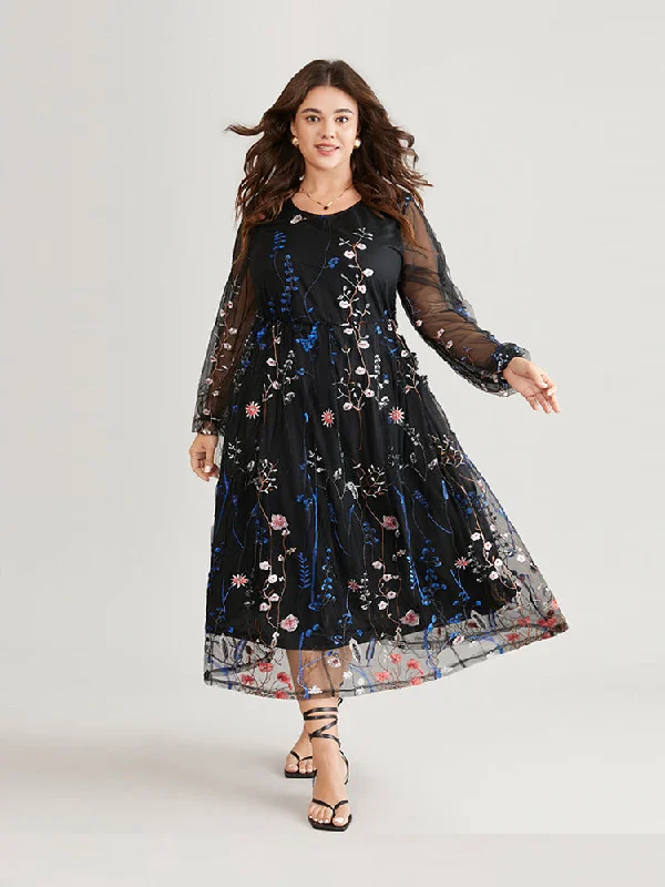 Plus size dresses featuring beaded hems are ornate -Plus size dresses with bold stripes for a slimming look -Floral Embroidered Mesh Lantern Sleeve Pocket Midi Dress