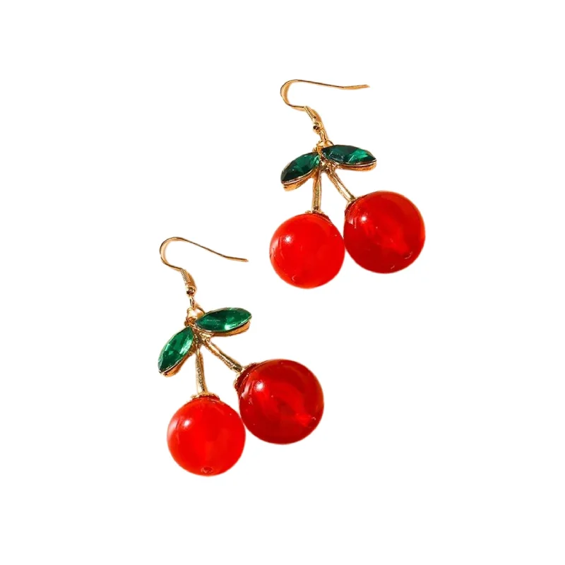 Drop Earrings with Chevron Designs -Double Cherries Rockabilly Earrings | 2.5" long