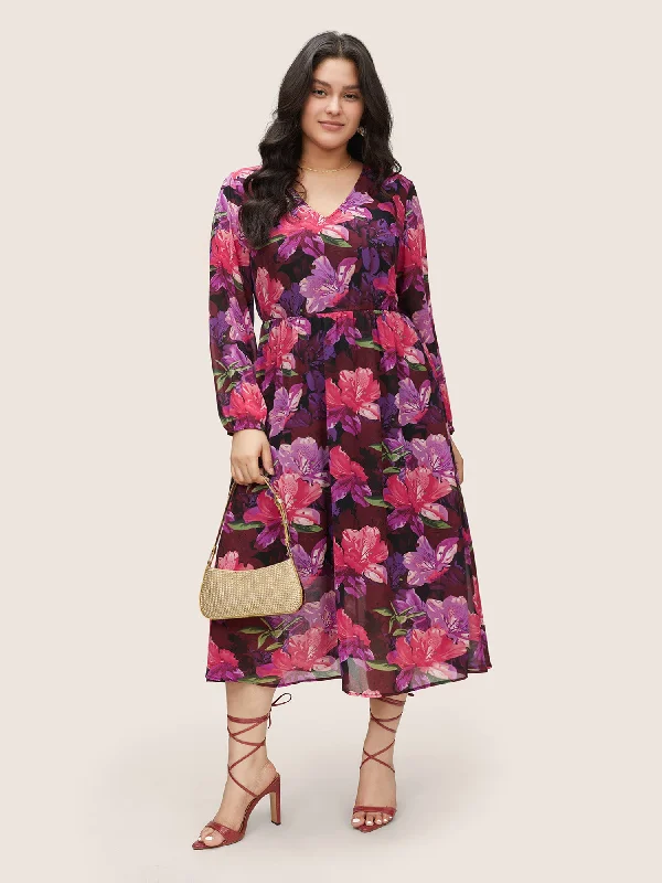 Plus size dresses for celebrations shine with style -Plus size dresses with sequins for evening glamour -Floral Lantern Sleeve Mesh Elastic Waist Dress