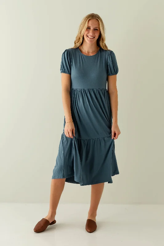 Plus size dresses featuring polka dots feel playful -Summer plus size dresses for warm weather -'Rosella' Puff Sleeve Tiered Jersey Knit Dress in Sea Blue