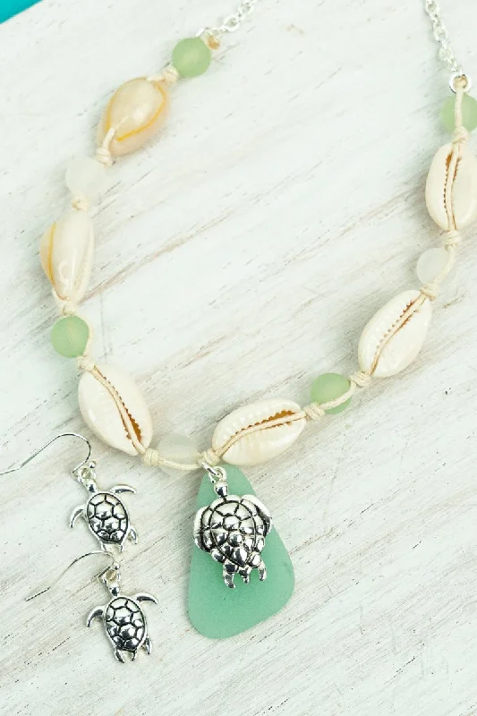 Drop Earrings for Engagement Party -SALE! Mint Cowrie Beach Turtle Necklace and Earrings Set