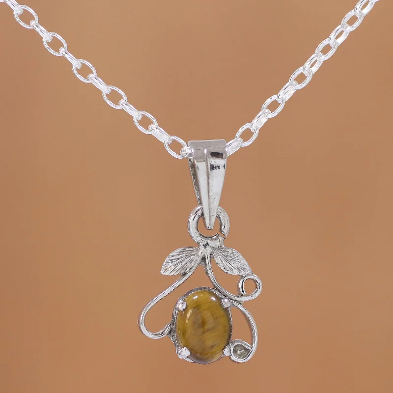 Stunning necklaces and pendants with amethyst gemstones for a calming effect-Blossom of Brown Rhodium Plated Tiger's Eye Pendant Necklace from India