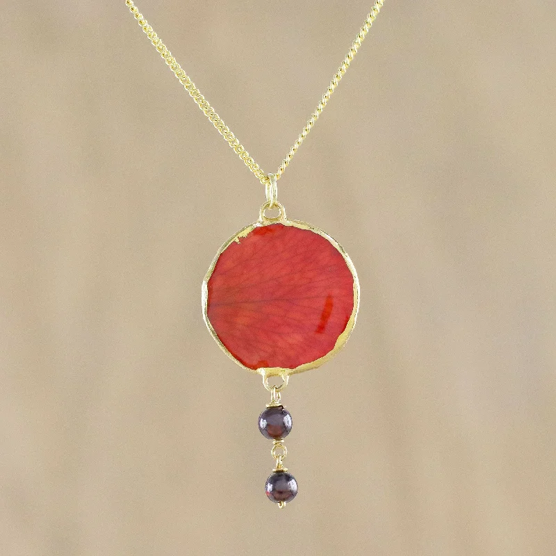 Stunning necklaces and pendants with chakra stones for healing and balance-Autumn Red Rose Garnet and Gold Plated Natural Rose Petal Pendant Necklace