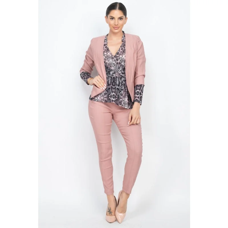 Sustainable Jeans for Eco -Women's Dusty Mauve Color 3' and '4 Sleeves Blazer & Skinny Capri Pants set