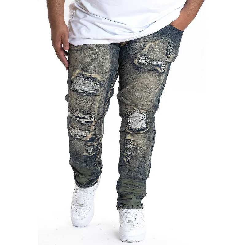 Raw Denim Jeans for Authentic -M1725 Shredded Denim Jeans with Paint Splashes - Vintage